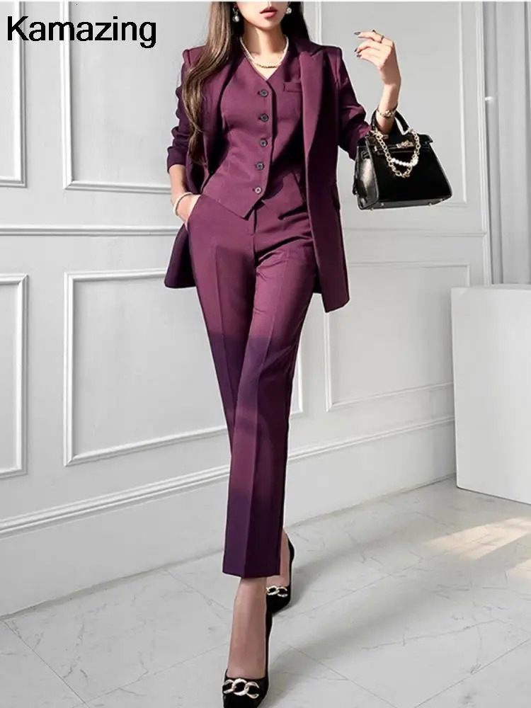 Women's Two Piece Pants Fashion Women Office 3 Set Korean Formal Business Outfits Button Jackets V Neck Vest Suit Female Clothing 231211