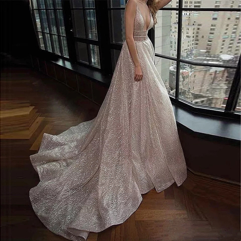 2024 Fashion Boho Wedding Dress V-neck Backless Straps Sequins A-line Bride Party Gown Women Vestido De Noiva Robe Mariage