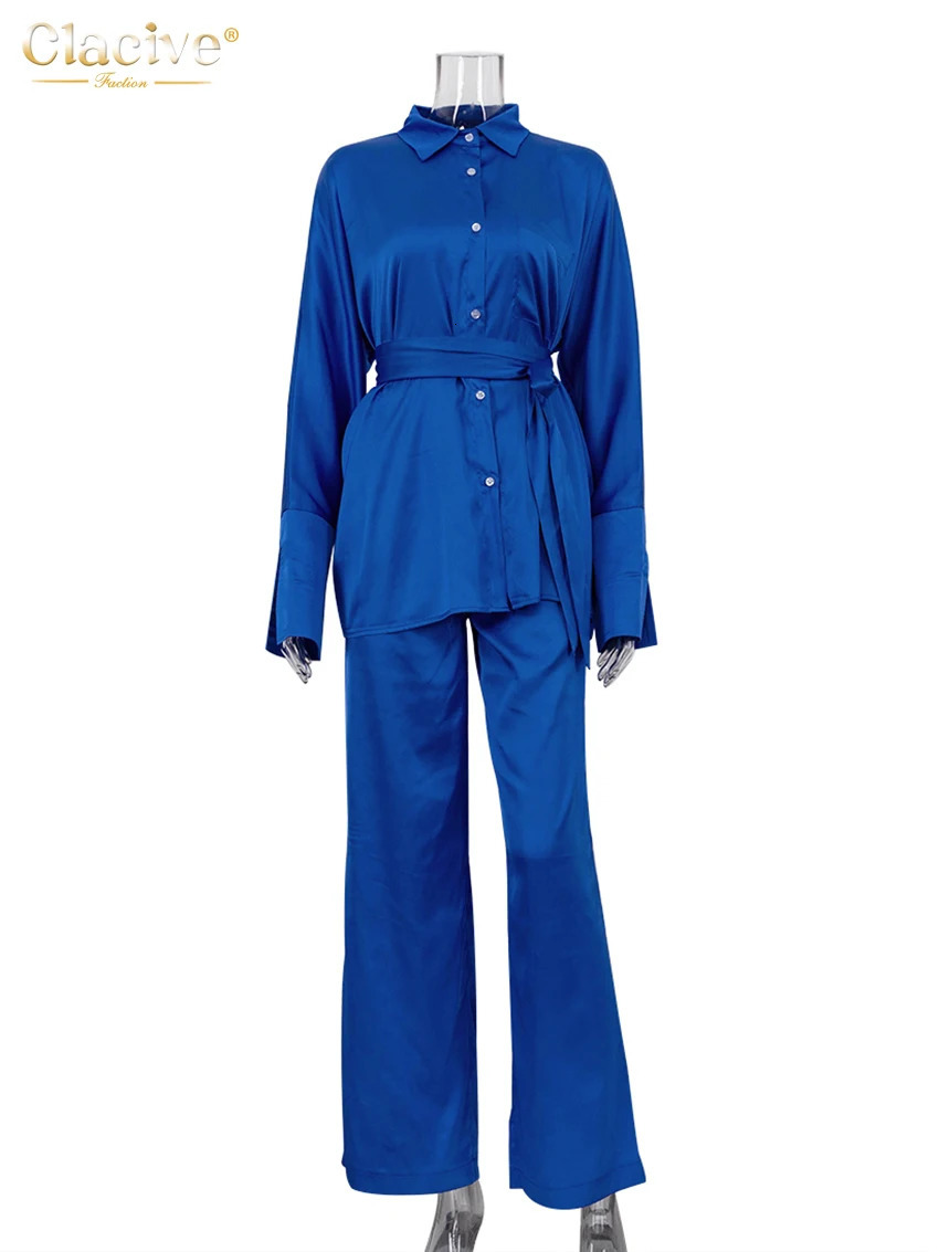 Women s Pants s Clacive Fashion Long Sleeve Shirts Two Piece Set Women Elegant Blue Satin Streetwear High Waist Wide Trousers Suits 231212