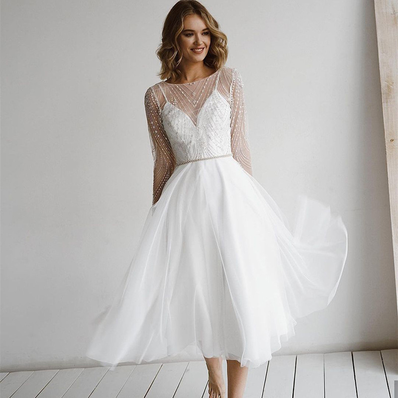 Newest Short Wedding Dress 2024 Scoop Top Beads Sequins Backless Bride Party Gowns Custom Made Plus Size Vestidos De Novias