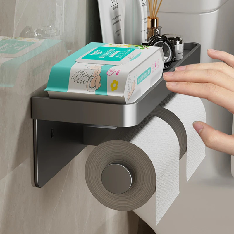 Toilet Paper Holders Aluminum Alloy Toilet Paper Holder Bathroom Wall Mount WC Paper Phone Holder Shelf Towel Roll shelf Accessories 231212