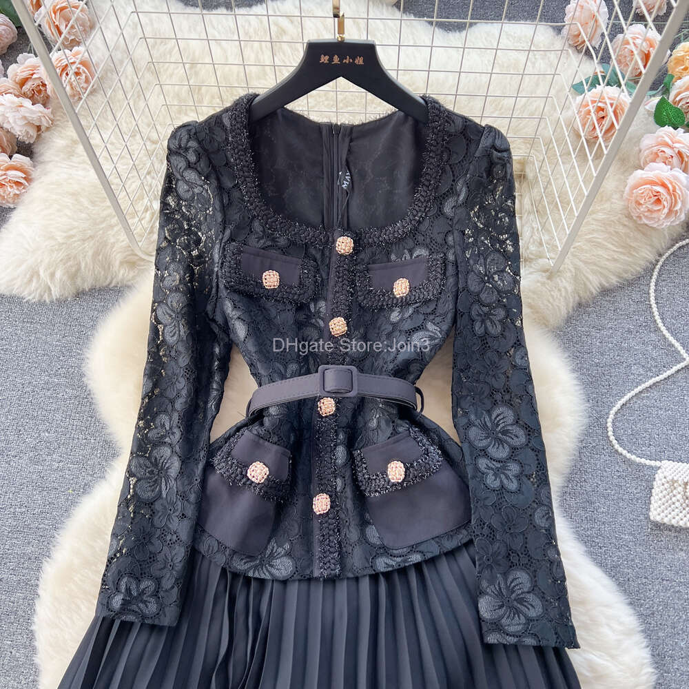 Basic Casual Dresses Luxury Embroidery Hollow Out Lace Dress For Women Autumn Runway Long Sleeve Belt Holiday Party Pleated Vestidos Robes 2024