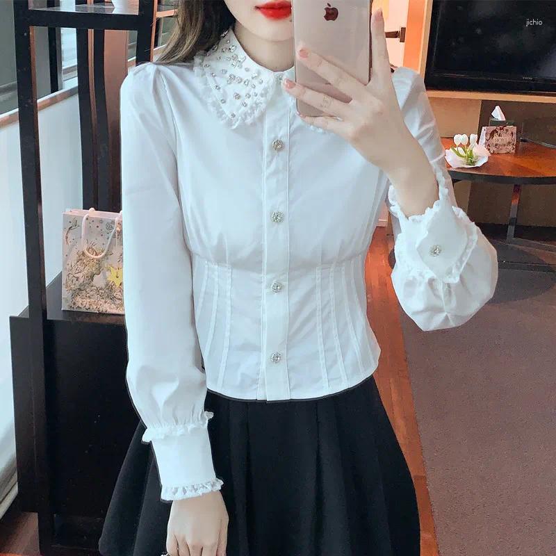 Womens Blouses Diamonds Shirts For Spring Autumn Long Sleeve White Tops Blusas Mujer De Moda 2024