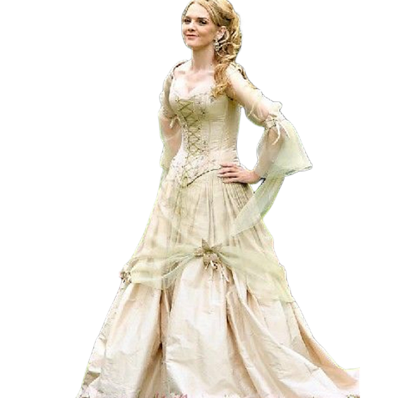 Fairytale Celtic Renaissance Wedding Long Sleeves Champagne Gold A e Women Special Ocn Dress Corset Vintage Medieval Bridal Gowns