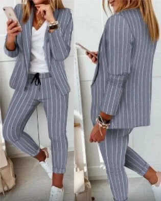 Women's Two Piece Pants Fashion 2024 Spring Autumn Women Turn Down Print Blazer Coatwomen Set Outfits Drawstring Suit Casual 231211