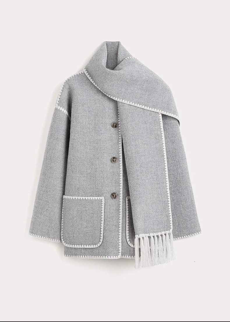 Women's Wool Blends Color Totem* Winter Women Coat Wool Polyester Light Gray Color Full Sleeves Single Breasted Oversize Casual Scarf Collar 2312