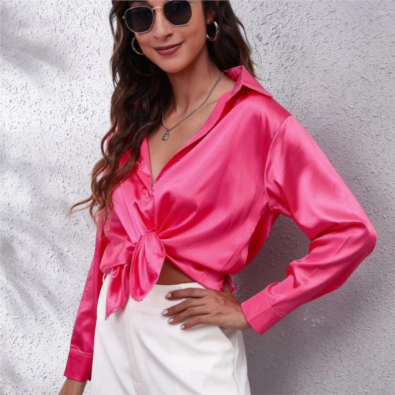 Womens Blouses Satin Long Sleeved Shirt Autumn Lapel Single Breasted Solid Color Loose Fitting Cardigan Blouse Tops Femme Blusas