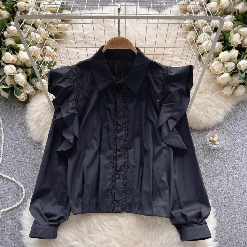 Womens Blouses French Chic Women Blouse Sales Flounced Edge Striped Turn-down Collar Long Puff Sleeve Shirts Autumn Casual Female Tops