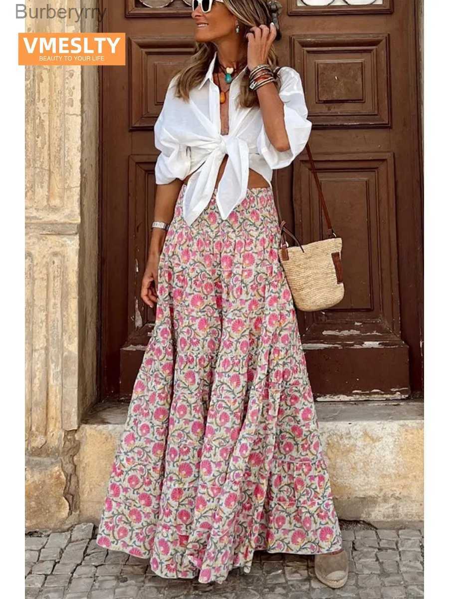 Skirts VMESLTY Classic Casual Women Print Maxi Dress Rubber Waist Swing Resort Skirt Long Skirts for WomenL231212