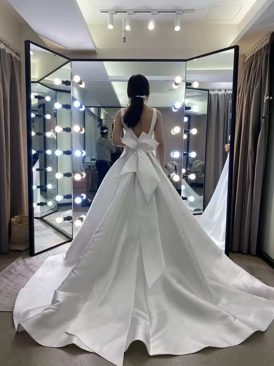 2024 Simple Wedding Dress V-neck Backless Big Bow Satin A-line Bridal Party Gown Custom Made For Woman Vestido De Noiva Robe Mariage