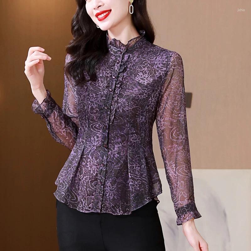 Womens Blouses Women Clothing Solid Purple Lace Shirts Spring Loose Vintage Jacquard French Fahsion Blouse Female Mature Elegant Tops