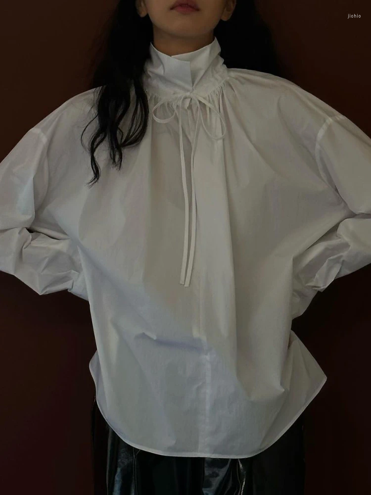 Womens Blouses Korobov Korean Chic Shirts Autumn French Niche Stand Collar Lapel Two Wear Design Tie Bow Loose Long-sleeved Women Shirt