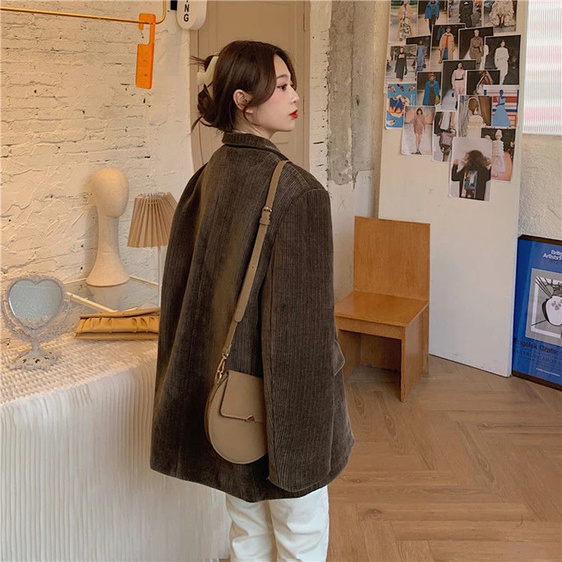 Womens Suits Blazers Autumn Winter Quilted Corduroy Women Fashion Vintage Brown Blazer Female Korean Casual Loose Suit Jacket Chic 231212