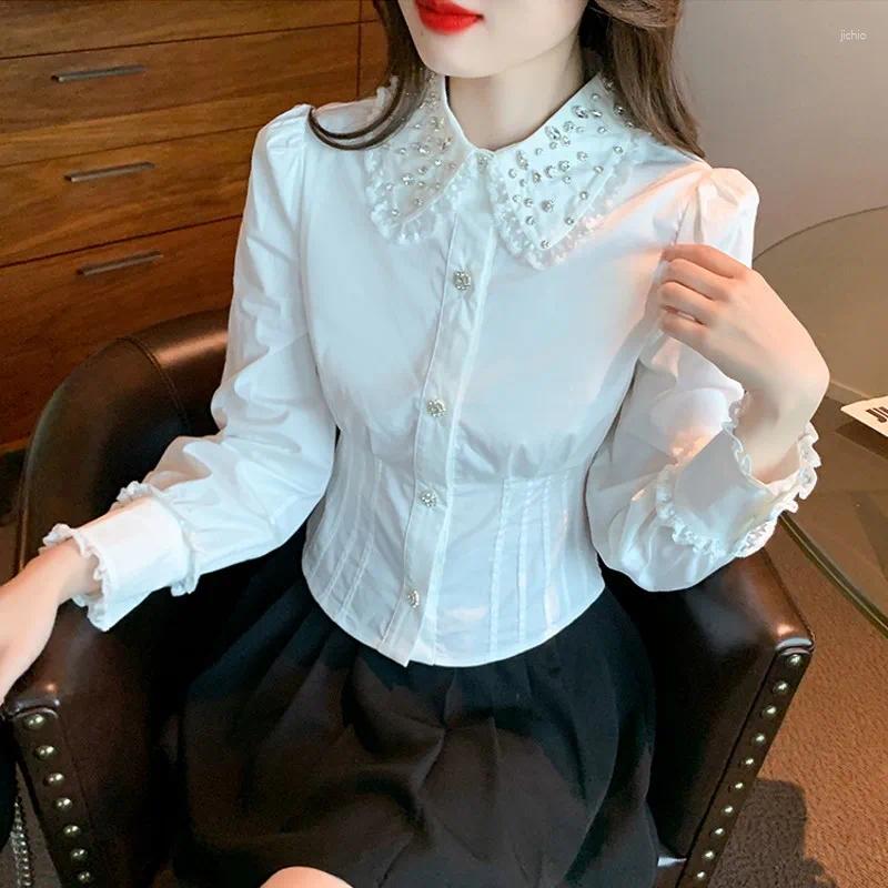 Womens Blouses Diamonds Shirts For Spring Autumn Long Sleeve White Tops Blusas Mujer De Moda 2024
