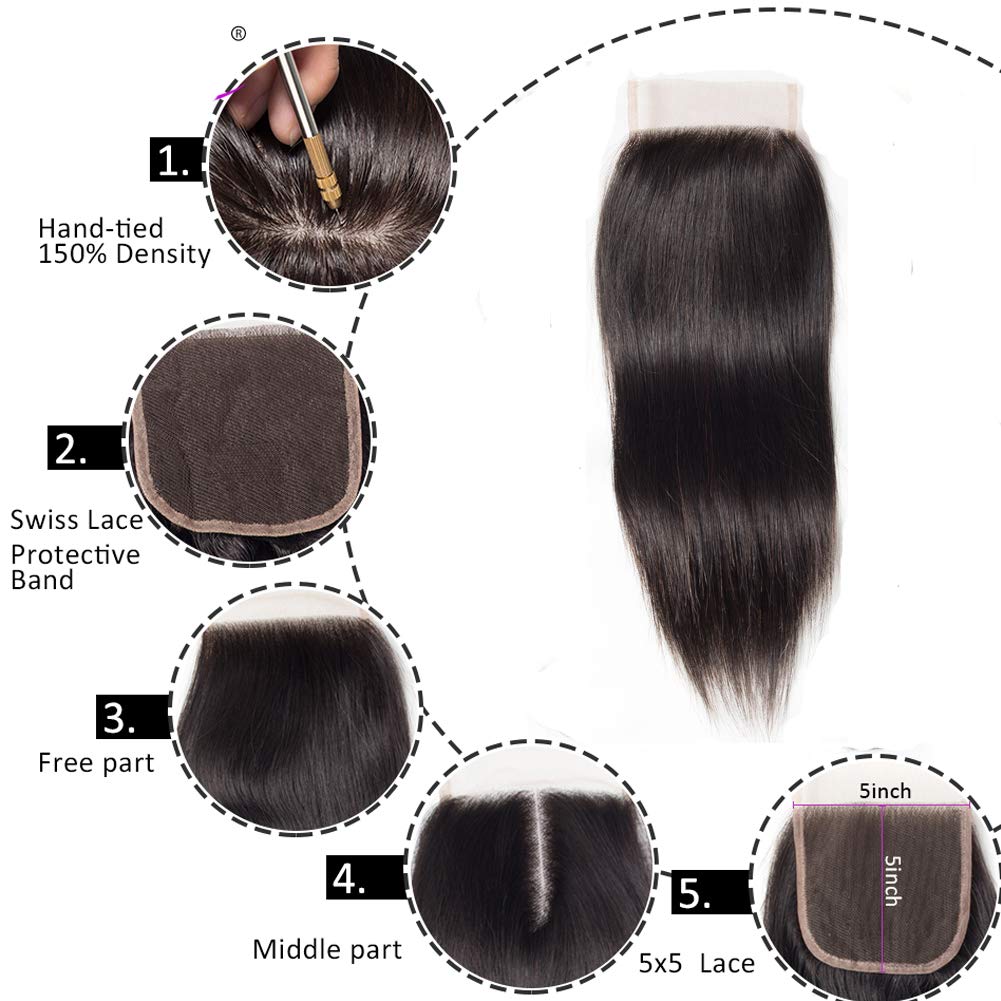 Brazilian Straight 5x5 Lace Closure 100% Human Hair Deep Part Transparent Lace Closure with Baby Hair Natural Color