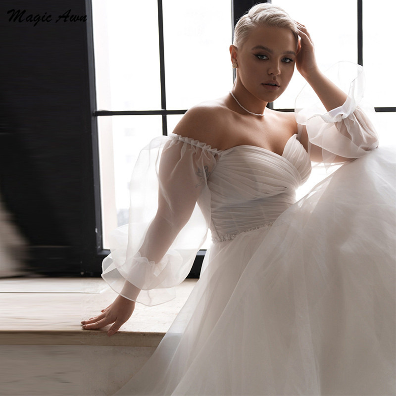 Plus Size New Wedding Dress 2024 Off the Shoulder Pleats Beads Sash Organza A-line Bridal Party Gowns Women Robe De Mariee Vestido De Noiva