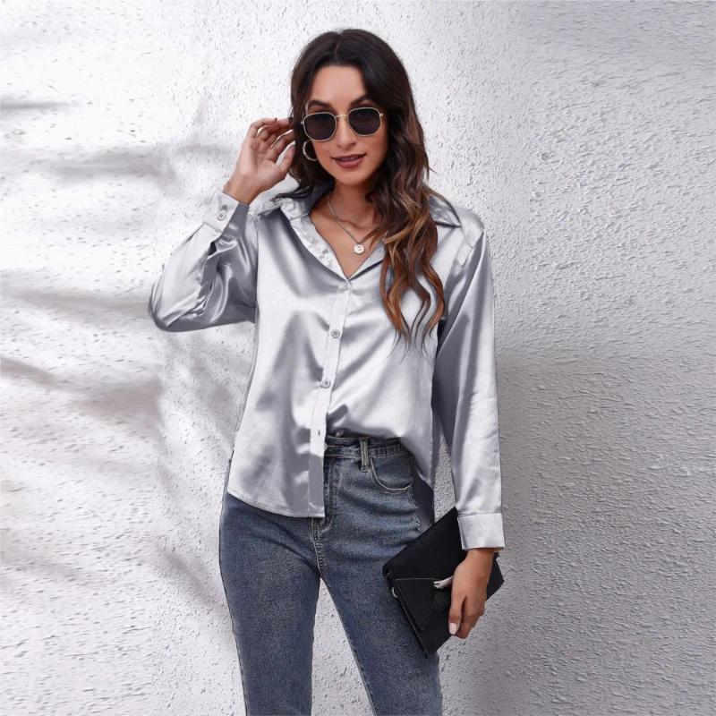 Womens Blouses Satin Long Sleeved Shirt Autumn Lapel Single Breasted Solid Color Loose Fitting Cardigan Blouse Tops Femme Blusas