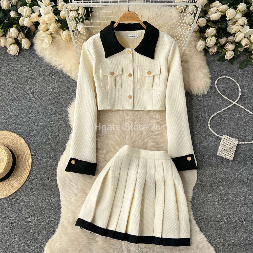 Two Piece Dress Tweed Ensemble Femme Vintage Collision Color Crop Blazer Skirts Suit Female Long Sleeved Jacket Pleated Skirt Conjuntos De Mujer 2024