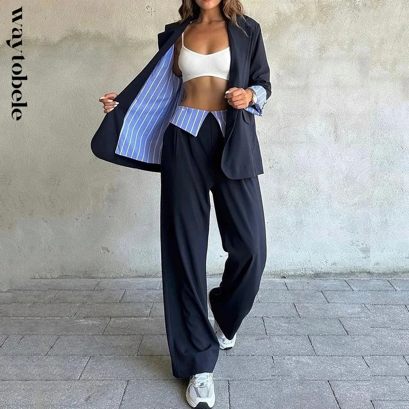 Women's Two Piece Pants Waytobele Women Blazer Suit Autumn Simple Office Casual Solid Long Sleeve Lapel Top Loose Sets Streetwear 231211