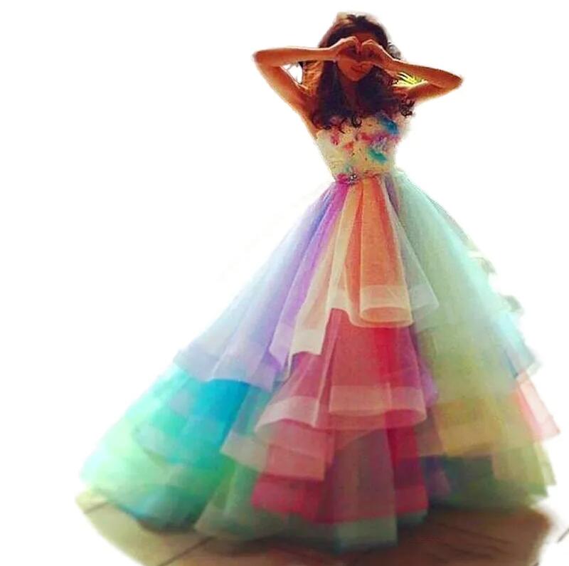 Rainbow Colorful Puffy wedding dresses Sweetheart Hand Made Flowers Appliqued tiered skirt garden bridal gown