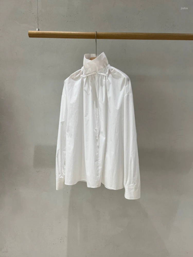 Womens Blouses Korobov Korean Chic Shirts Autumn French Niche Stand Collar Lapel Two Wear Design Tie Bow Loose Long-sleeved Women Shirt