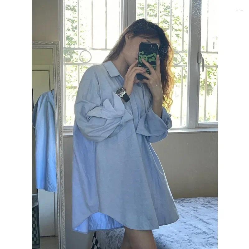 Womens Blouses Autumn Buttons Blue Cotton Blouse Women Fashion Long Sleeve Loose Casual Shirt Office Lady Elegant Solid Tops Blusas 29950