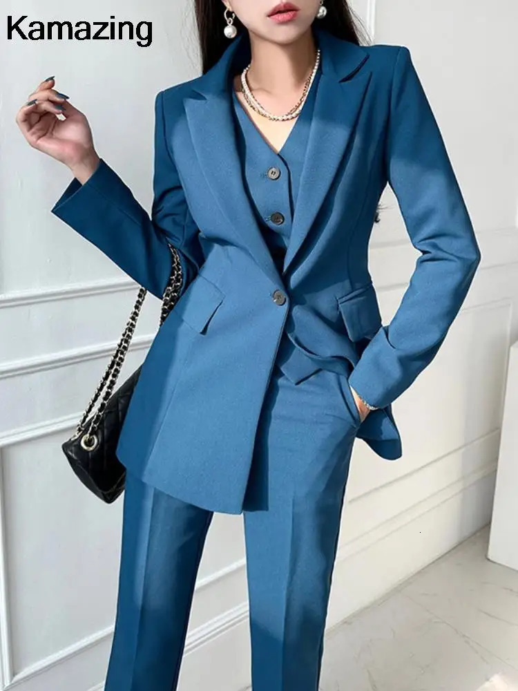 Women's Two Piece Pants Fashion Women Office 3 Set Korean Formal Business Outfits Button Jackets V Neck Vest Suit Female Clothing 231211