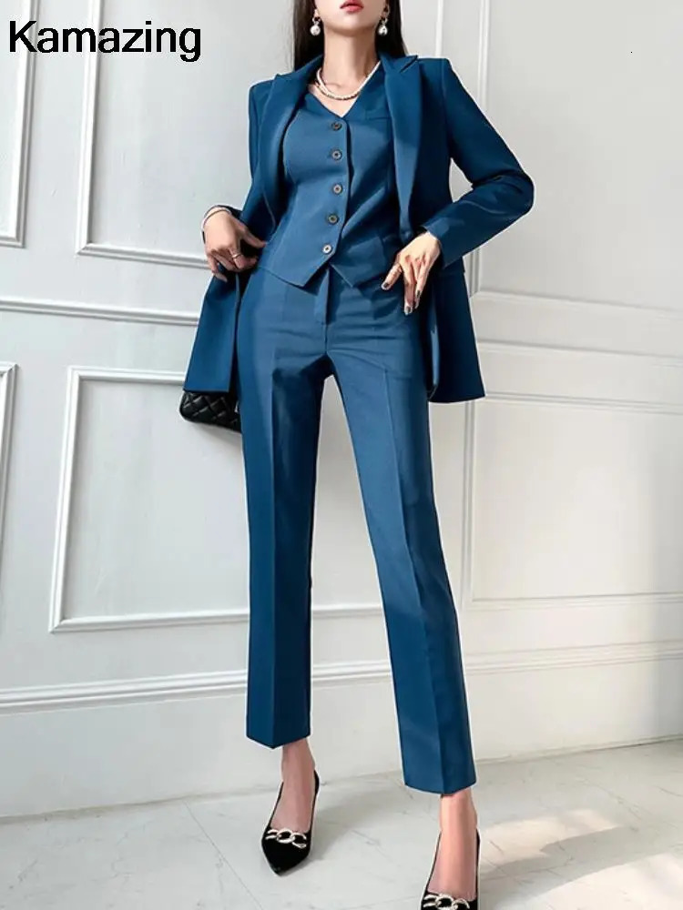 Women's Two Piece Pants Fashion Women Office 3 Set Korean Formal Business Outfits Button Jackets V Neck Vest Suit Female Clothing 231211