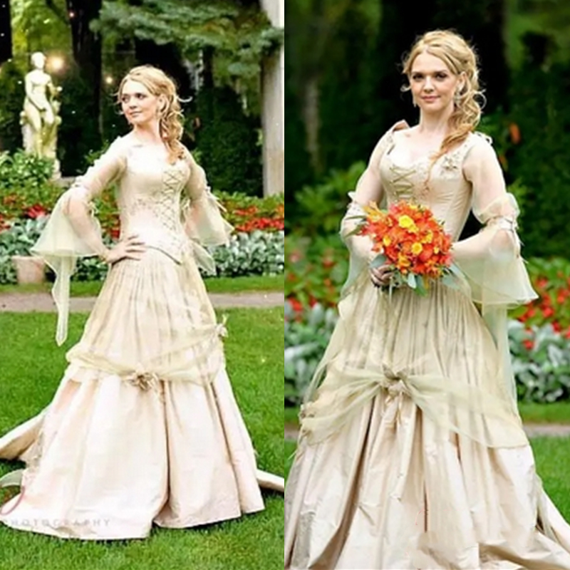 Fairytale Celtic Renaissance Wedding Long Sleeves Champagne Gold A e Women Special Ocn Dress Corset Vintage Medieval Bridal Gowns