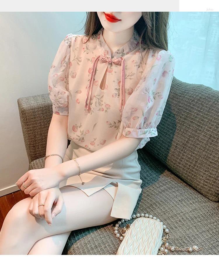 Womens Blouses Summer Chinese Buckle Print Chiffon Shirt Style Women Tops