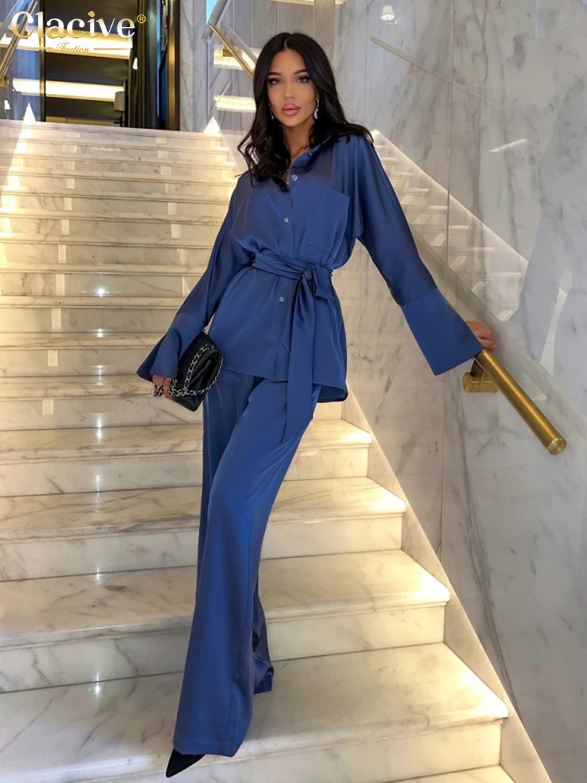 Women s Pants s Clacive Fashion Long Sleeve Shirts Two Piece Set Women Elegant Blue Satin Streetwear High Waist Wide Trousers Suits 231212