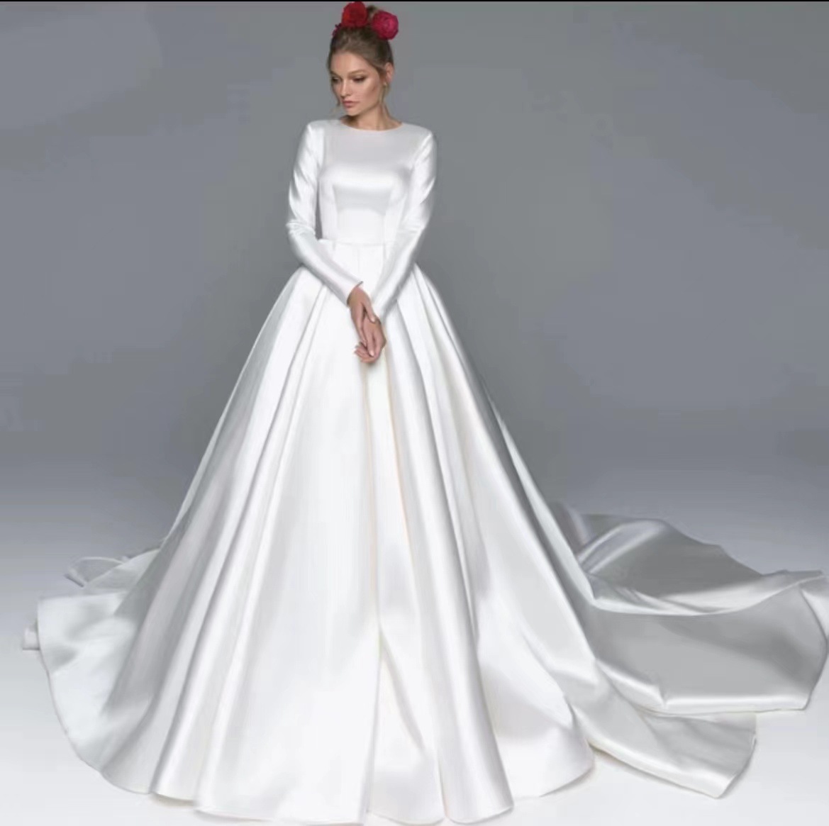 2024 Vintage Wedding Dress Sheer O-neck Long Sleeves Satin A-line Bridal Party Gown Custom Made For Woman Vestido De Noiva