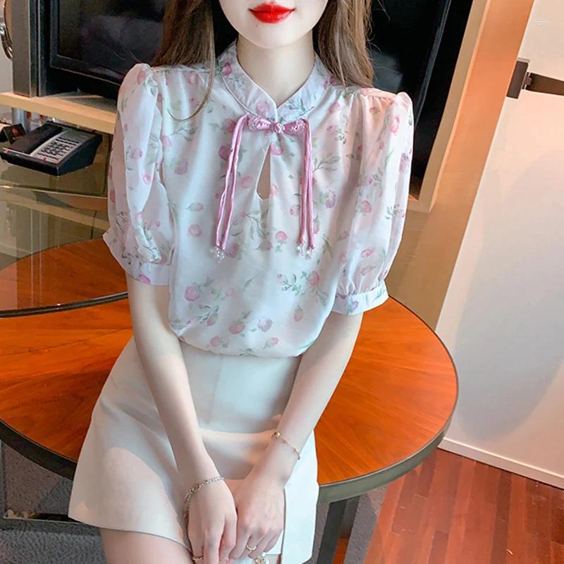 Womens Blouses Summer Chinese Buckle Print Chiffon Shirt Style Women Tops