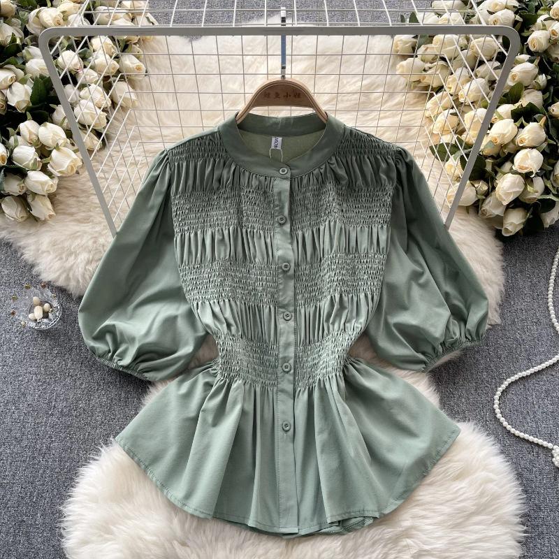 Womens Blouses Women Chic O-neck Puff Sleeve Long Folds Solid Slim Sexy Korean T-shirt Fashion Summer Shirt Three Quarter