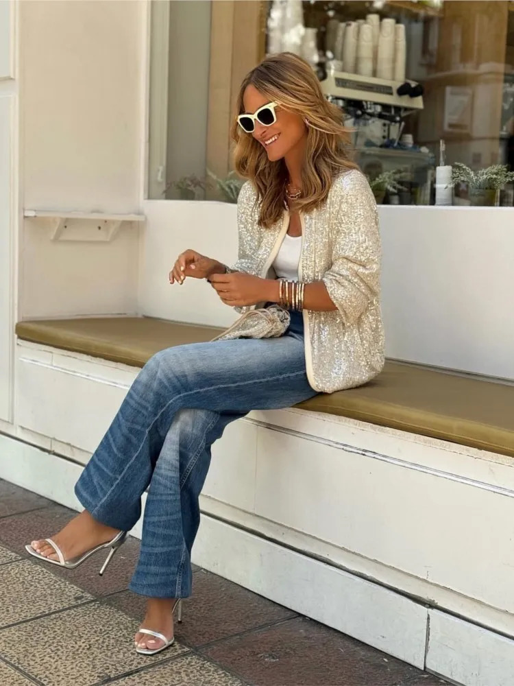 Womens Jackets Chic Sequins Shiny Jacket Women Autumn Fashion Zipper Oneck Long Sleeve Glitter Coat Female Casual High Street Party Outerwear 231212
