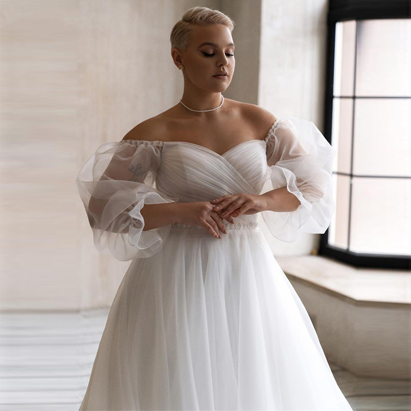 Plus Size New Wedding Dress 2024 Off the Shoulder Pleats Beads Sash Organza A-line Bridal Party Gowns Women Robe De Mariee Vestido De Noiva