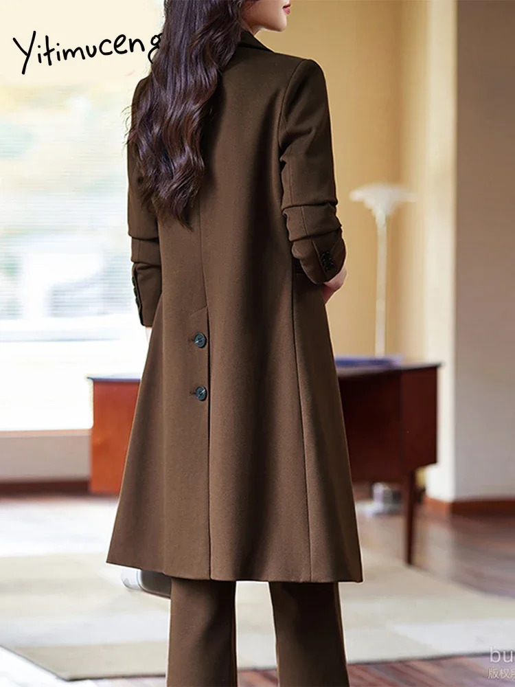 Women's Two Piece Pants Yitimuceng Women Suits Office Sets 2023 Fashion Turn Down Collar Double Breasted Long Sleeve Blazer Casual Wide Leg Pant 