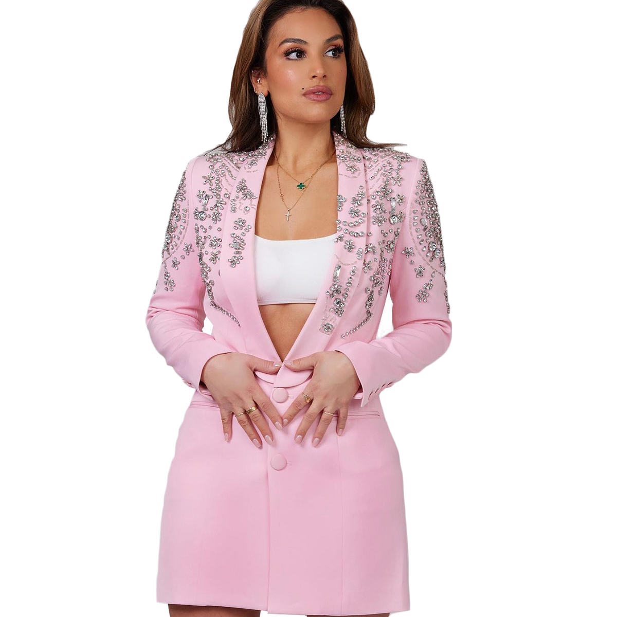 Pink Women Blazer Dress Custom Made Slim Fit Crystal Beads Wedding Guest Wear