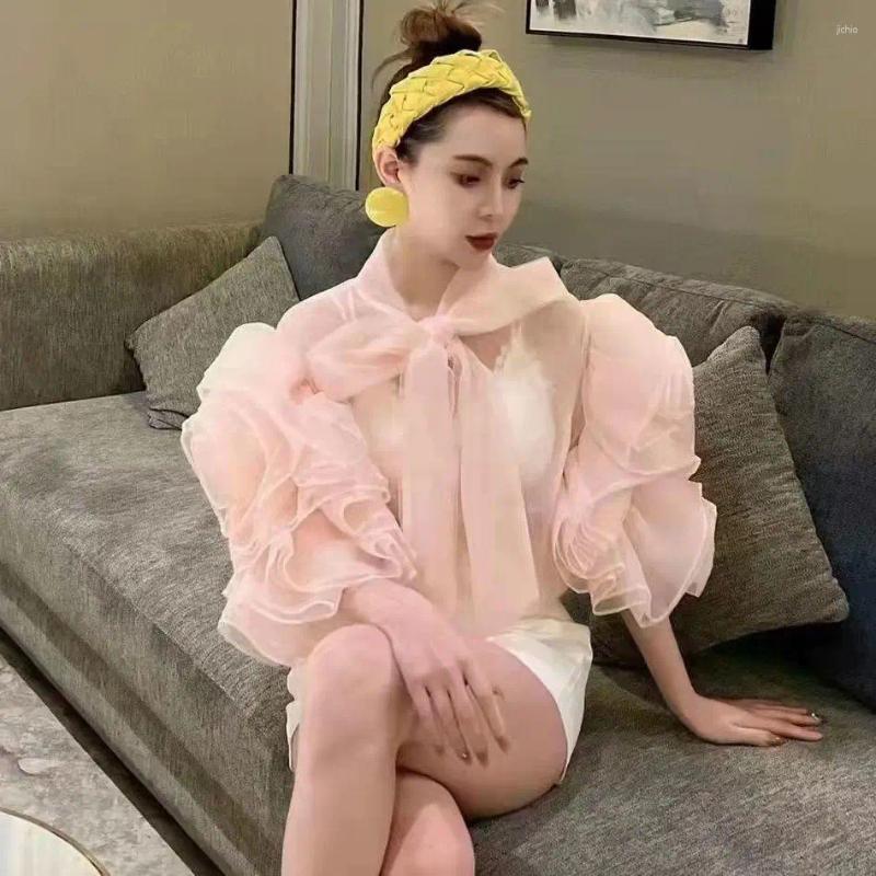 Womens Blouses Perspective Women Lace Up 3D Bowtie Ruffles Mesh Shirts Fairy Chiffon Gauze Spliced Cardigan Crop Tops Blusas Mujer