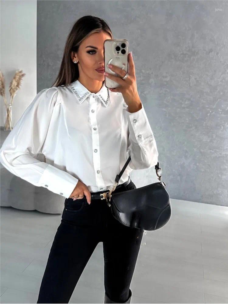 Womens Blouses Spring Summer Female Fashion Diamond-encrusted Loose Long-sleeve Button Top Shirt For Women Casual Elegant Office Shirts