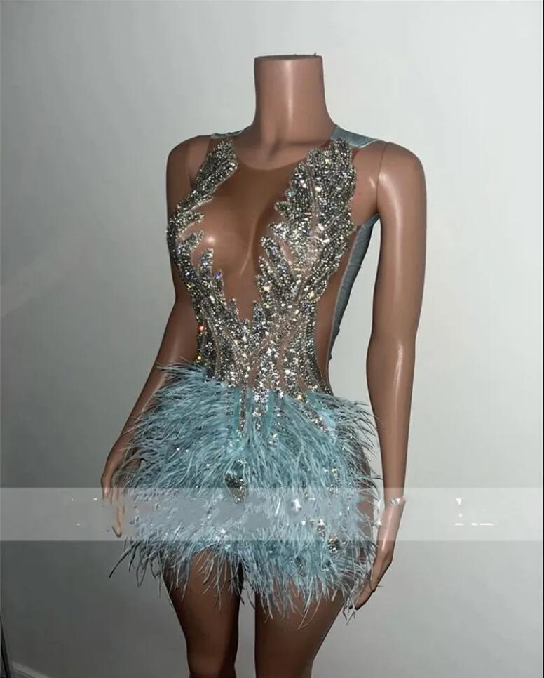 Black Girl Diamond Blue Short Party Prom Dresses Beads Crystals Birthday Cocktail Gowns Feathers Sexy See Through Handmade
