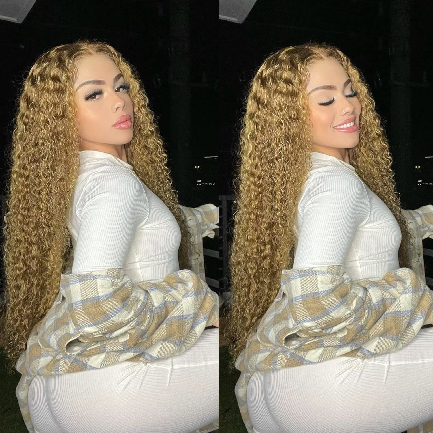 Honey Blonde Bob Curly Lace Front Wig Human Hair HD Lace human Hair Wig for Women #27 Colored Wig 150% Density Pre Plucked with Naturale Blonde Deep W