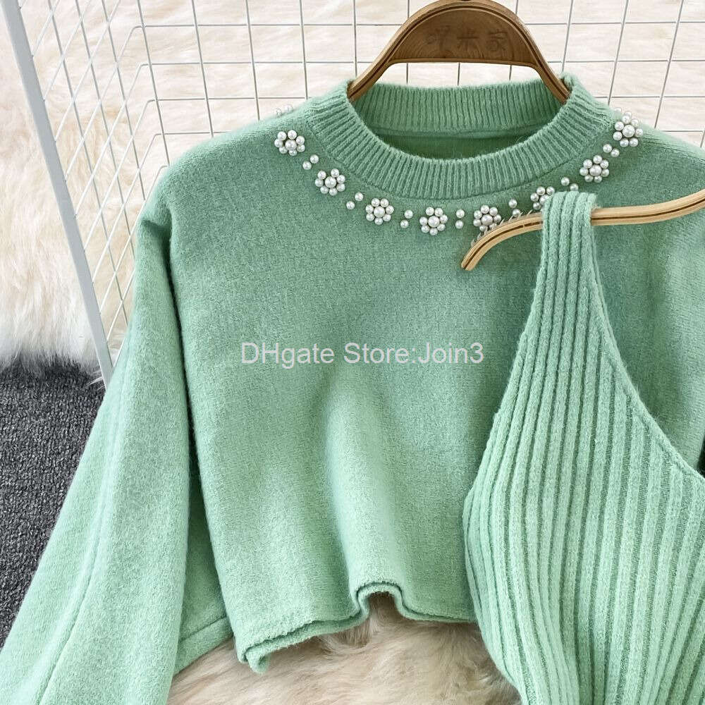 New Summer Two Piece Dress Sweater Set Casual Pullovers Suits Slip Dress For Women Slim Solid Autumn Winter Knitted Long Sleeve Elegance Elastic Sweet