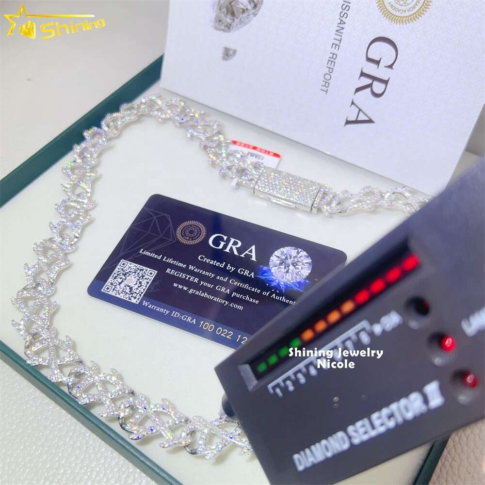 Customized New Design Gra Certificate 15mm Silver Moissanite Iced Out Cuban Link Chain