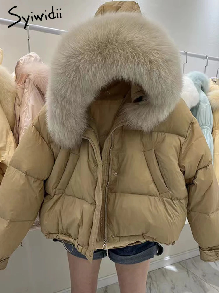 Women's Down Parkas Syiwidii Winter 90 Duck Down Coats for Women Hooded Big Fur Collar Windproof Outerwear Loose Thicken Warm Fashion Puffer Jack