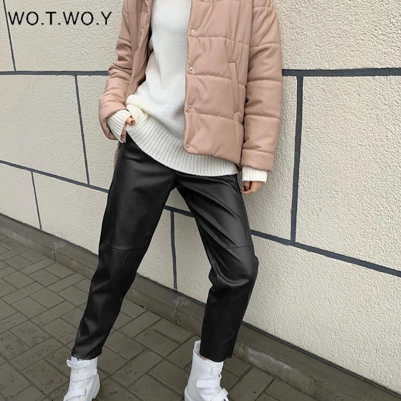 Women's Pants Capris WOTWOY High Waist Spliced Loose Leather Pants Women Autumn Solid Drawstring PU Leather Trousers Women Straight Pants Female 