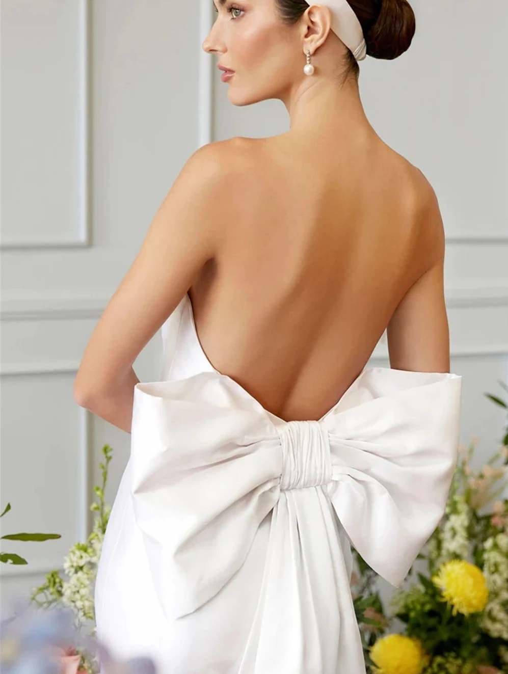 2025 Elegant White Prom Dress Long Big Bow Backless Strapless Simple Satin Pageant Evening Dresses Formal Gowns Robe De Soiree