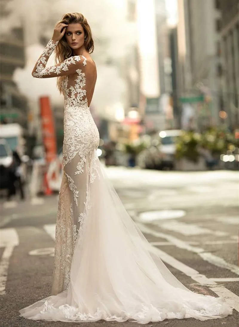 Sexy Backless Lace Mermaid Wedding Dresses Long Sleeves Jewel Neck Summer Beach Bridal Gowns Illusion Boho Vestido De Novia 2024
