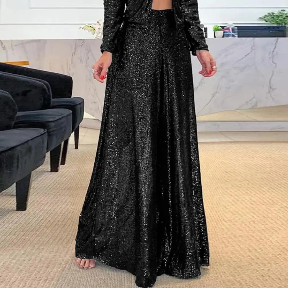 Women's Pants Capris High Waist Elastic Waistband Straight Full Length Women Pants Club Night Sequins Loose Wide Leg Pants 231213