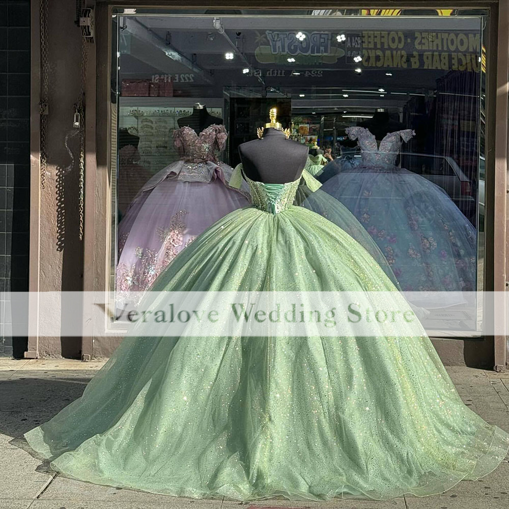 Sparkly Quinceanera Dresses Off The Shoulder Green Ball Gown Prom Dress Vestidos De 15 Anos Quinceaneras
